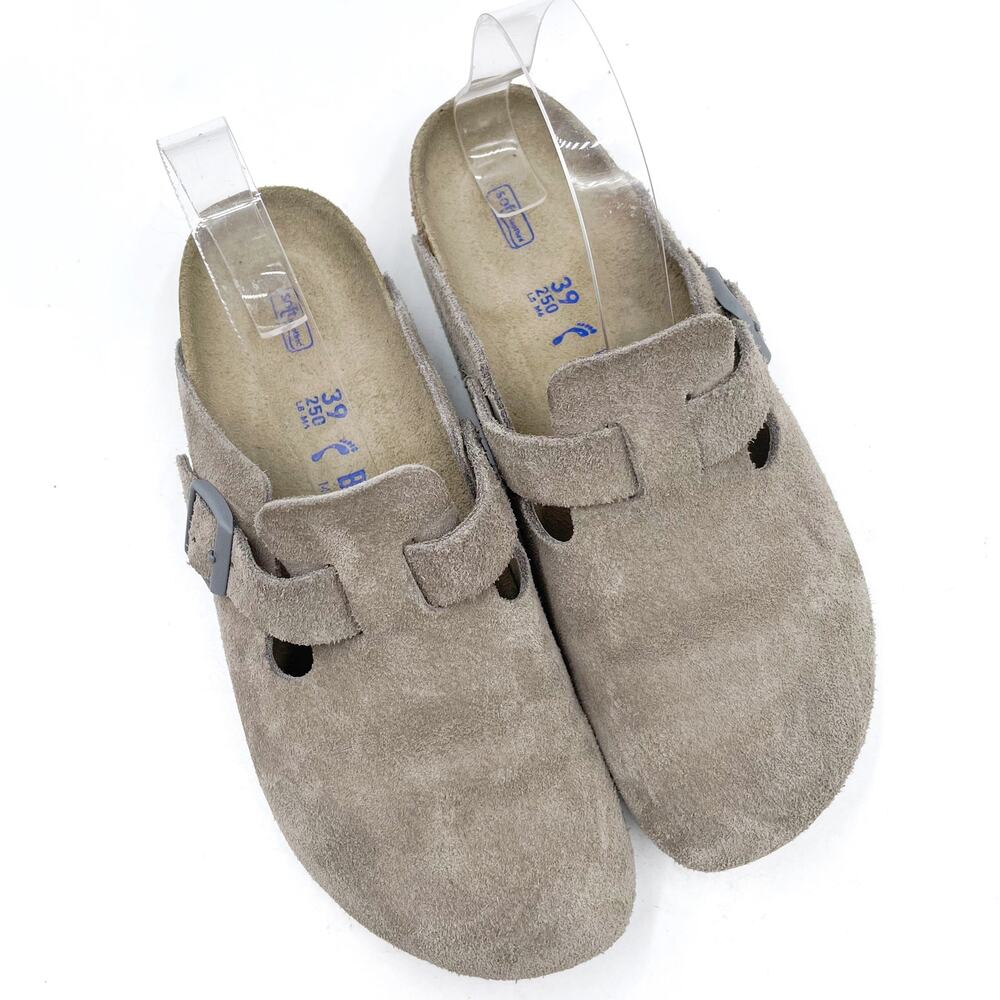 SOLD-Birkenstock Boston Mules Grey Suede Leather Soft Footbed Sz 39 / 8 NARROW - Picture 1 of 8